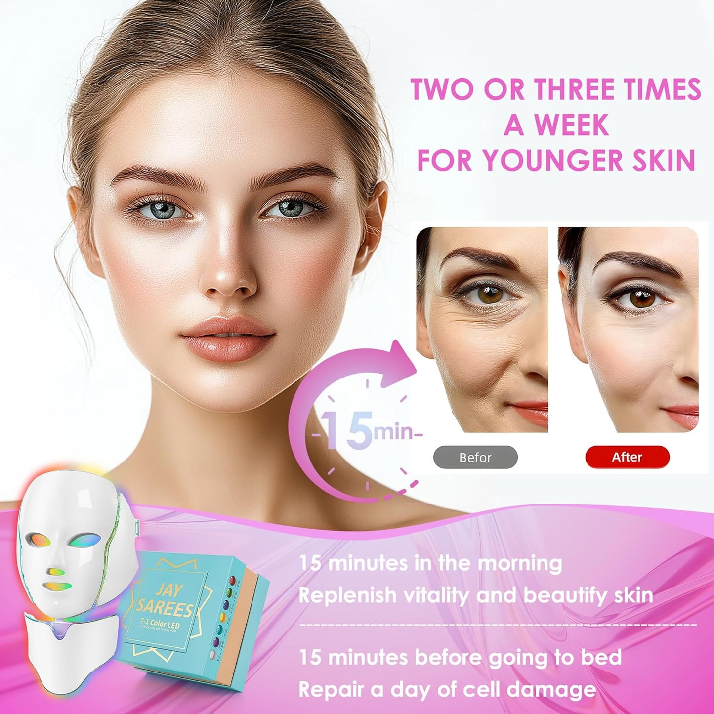 Led Face Mask Light Therapy 7 Color Led Light Therapy Facial Mask Blue Red Light Therapy for Face Acne Reduction Skin Care Mask